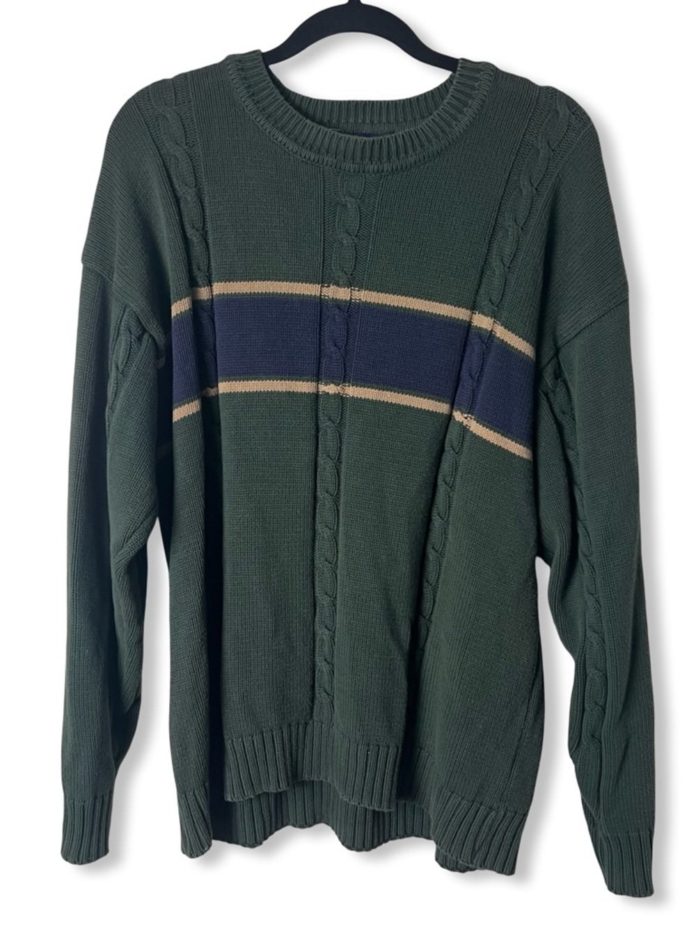 Vtg Cambridge Classics Mens Cable Knit Striped Crewneck‎ Sweater Green Sz. XL